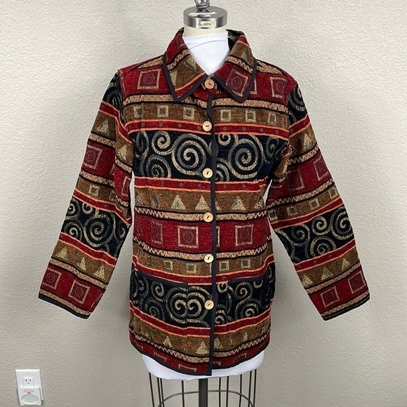 Vintage KAS Designs Tapestry Carpet Jacket Aztec Print Southwestern Sz S - Picture 1 of 11